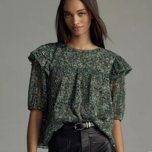 Anthropologie Porridge Floral Lace Pleated Crew Neck Blouse Green XXS EUC